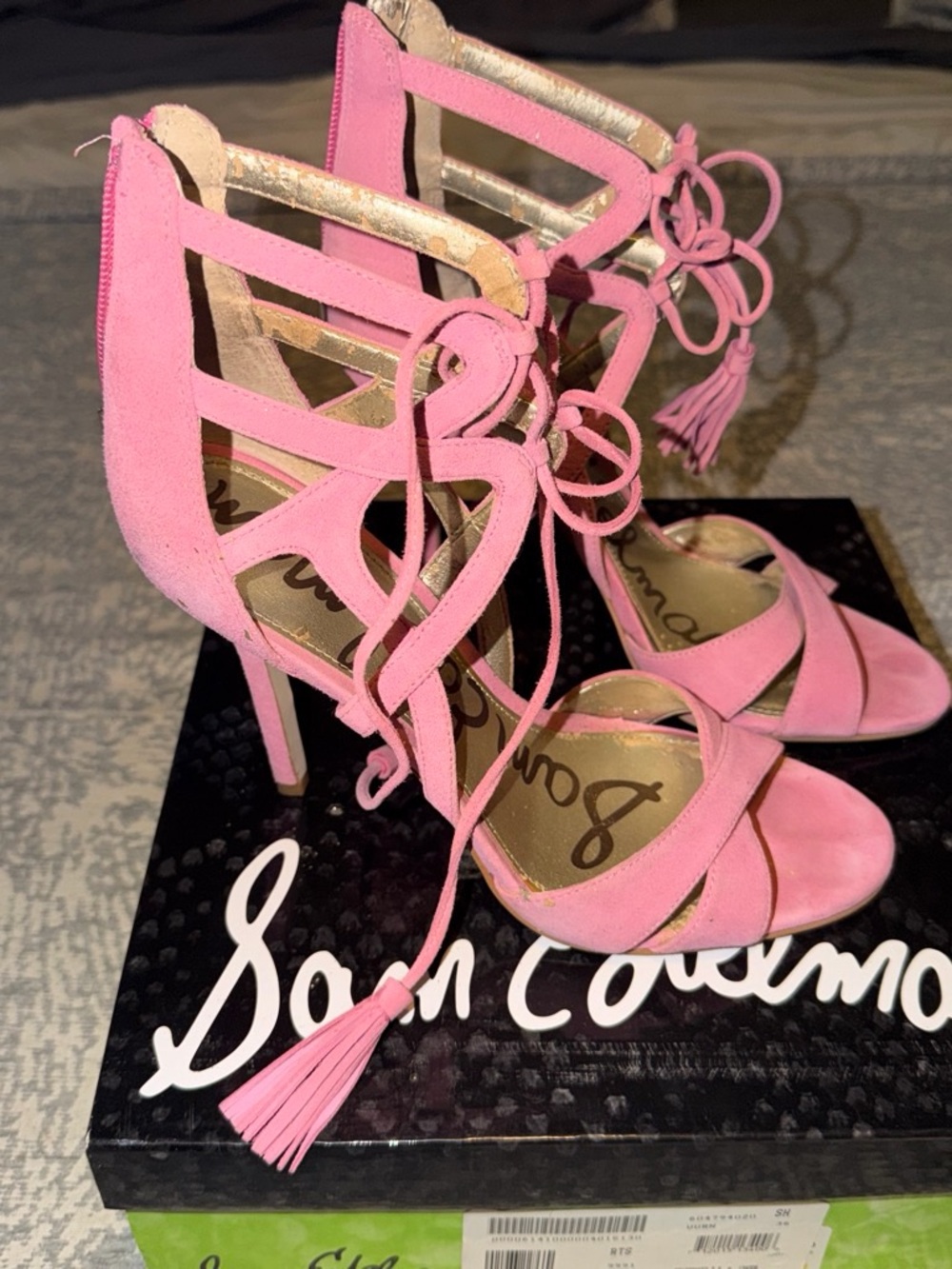 Sam Edelman Pink Suede Tassel Lace-Up Stiletto Sandals